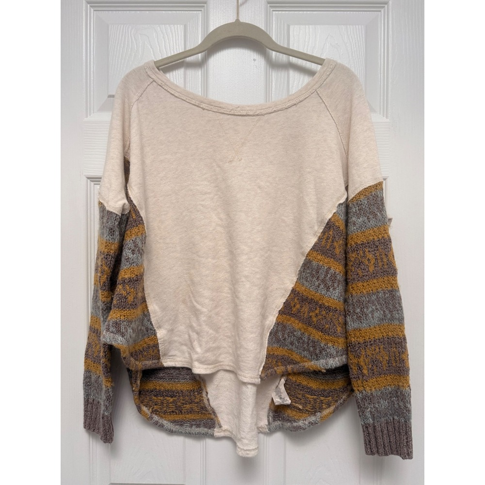 Free People Beautiful Sinner Pullover Sweater Cream Mixed Knit Striped Small